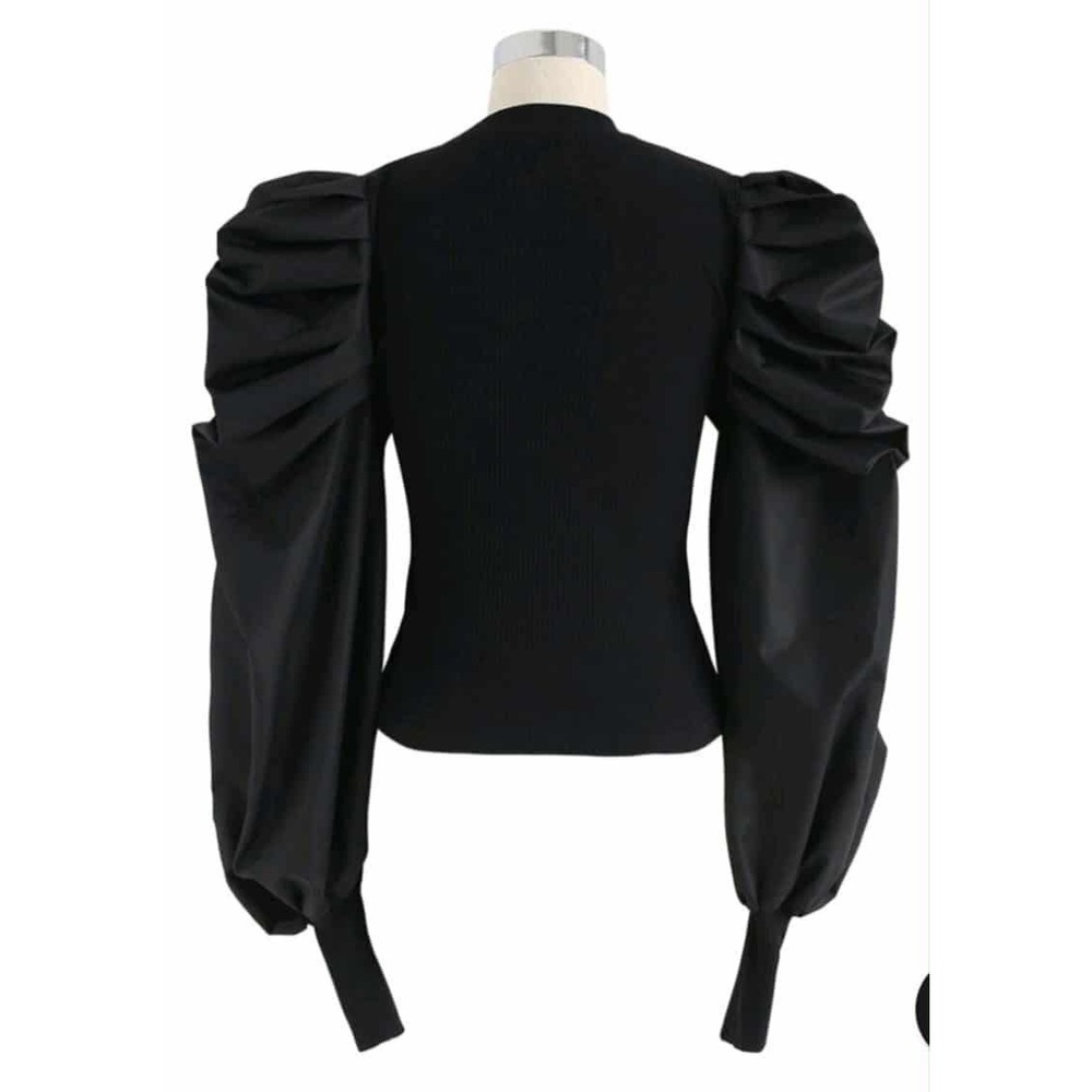 HYFVE Black Ribbed Knit Mock Neck Top with‎ Dramatic Puff Balloon Sleeve top - Picture 2 of 2